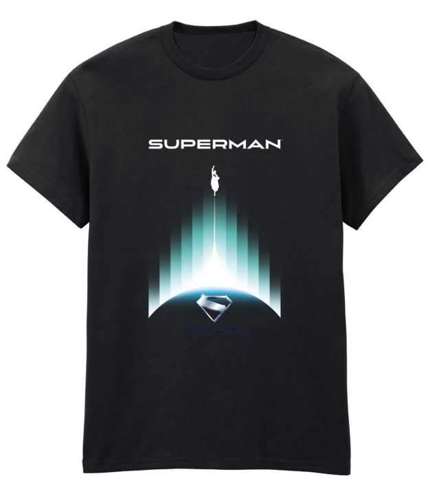 Black t-shirt with Superman graphic design on a white background