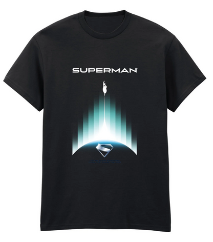 Black t-shirt with Superman graphic design on a white background