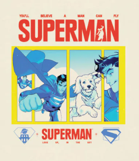 Vintage-style Superman poster with Krypto super dog and text on a beige background