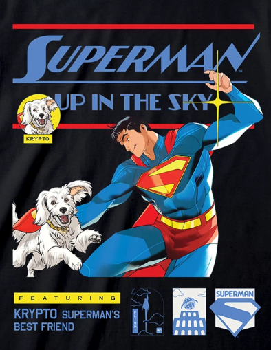Superman graphic t-shirt with his dog Krypto, featuring Superman's logo and text.