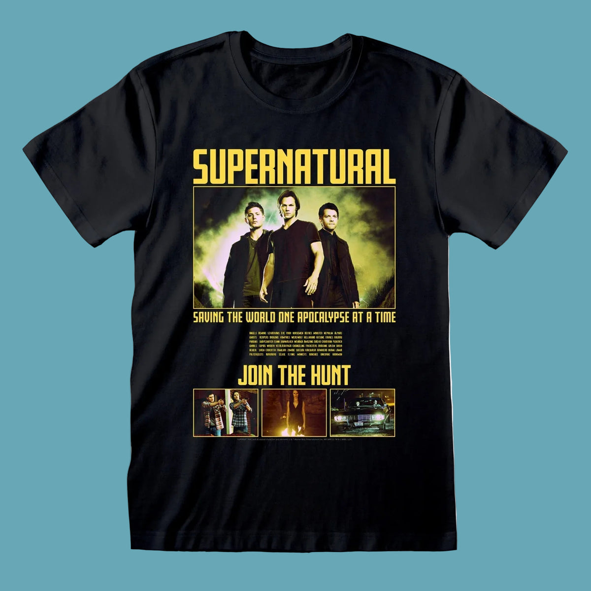 A black short-sleeve graphic t-shirt featuring a 'Supernatural' themed print with the show's logo, character photos, and text, displayed against a solid teal background.