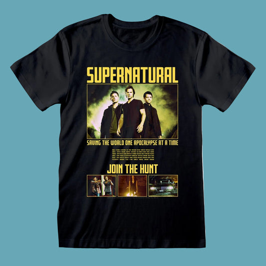 A black short-sleeve graphic t-shirt featuring a 'Supernatural' themed print with the show's logo, character photos, and text, displayed against a solid teal background.