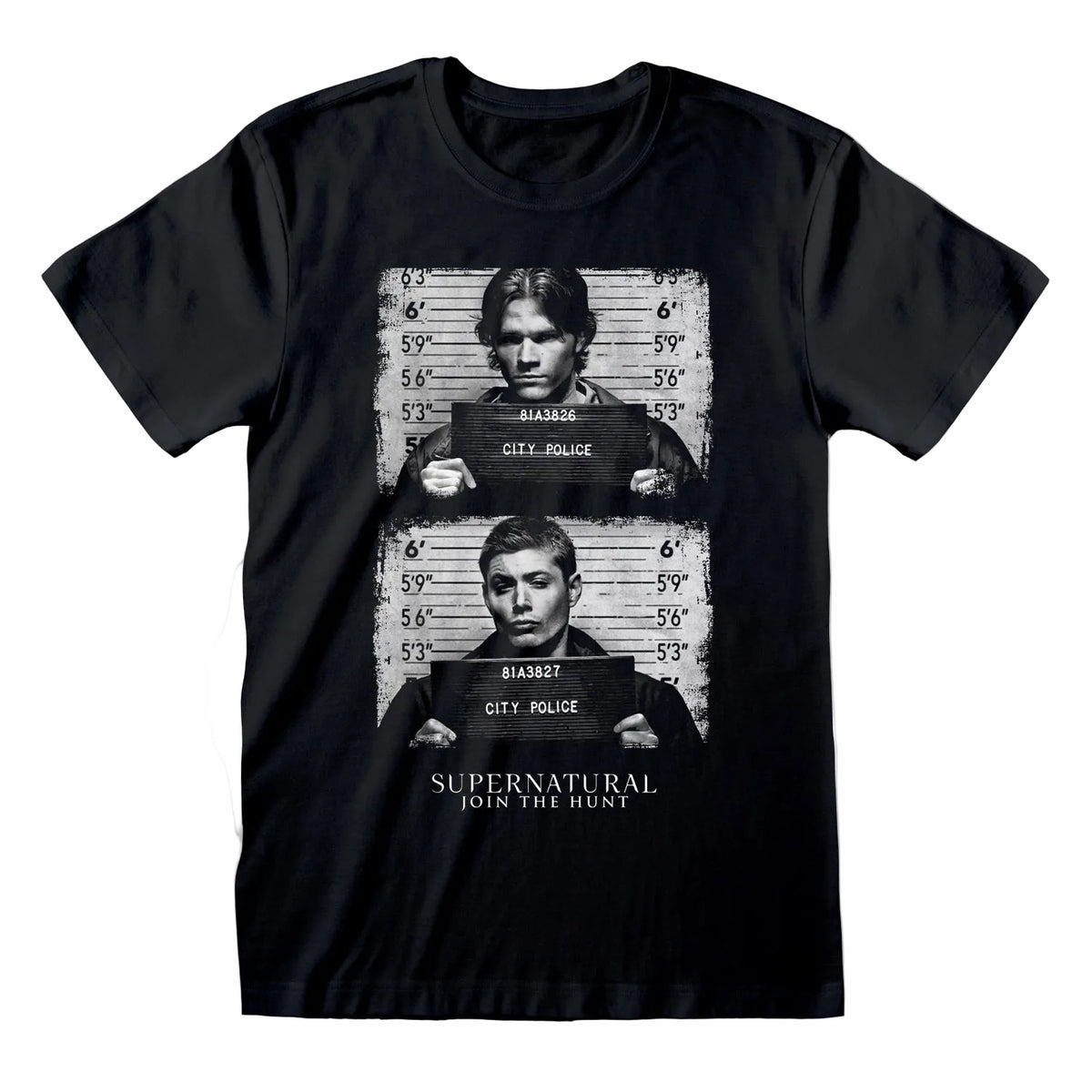 A black short-sleeve crewneck t-shirt featuring a double-mugshot graphic of the characters Sebastian and Harry from the TV show 'Supernatural' on the front, with 'SUPERNATURAL JOIN THE HUNT' printed below.