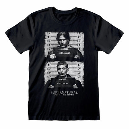 A black short-sleeve crewneck t-shirt featuring a double-mugshot graphic of the characters Sebastian and Harry from the TV show 'Supernatural' on the front, with 'SUPERNATURAL JOIN THE HUNT' printed below.