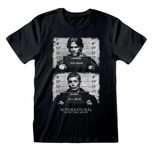 A black short-sleeve crewneck t-shirt featuring a double-mugshot graphic of the characters Sebastian and Harry from the TV show 'Supernatural' on the front, with 'SUPERNATURAL JOIN THE HUNT' printed below.
