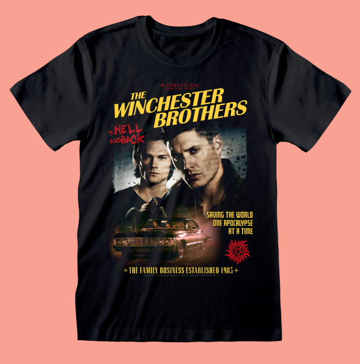 Black t-shirt with 'The Winchester Brothers' graphic design featuring two men and a car.