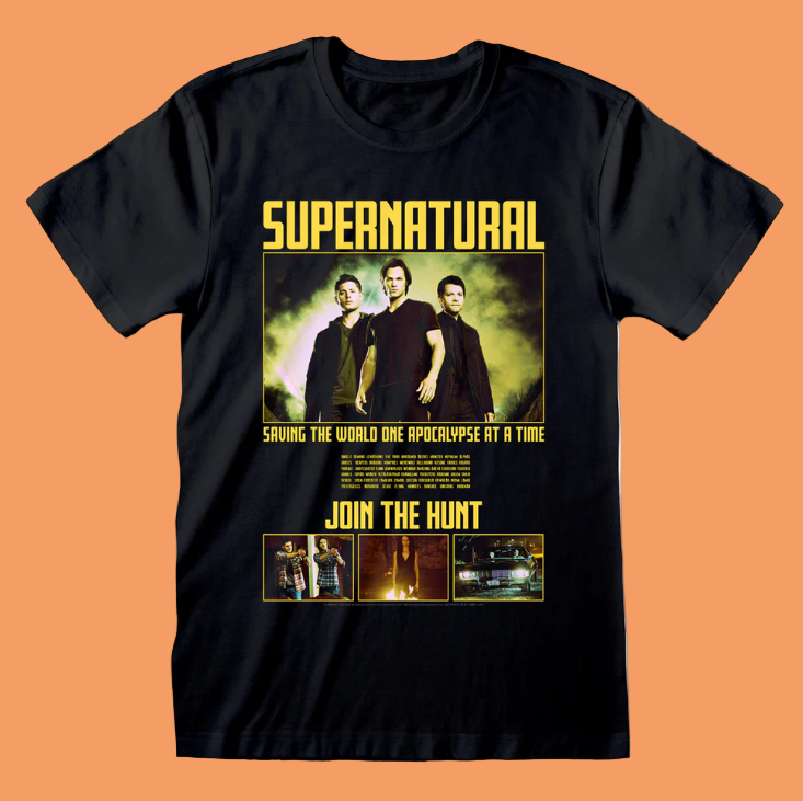 Black t-shirt with 'Supernatural' graphic design featuring three characters and text.