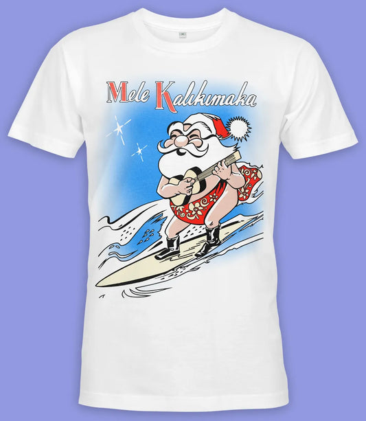 Retro Hawaiian Surfing Santa T-shirt Unisex fit white short sleeve top featuring Santa playing Ukulele whilst surfing with Mele Kalikmaka text  