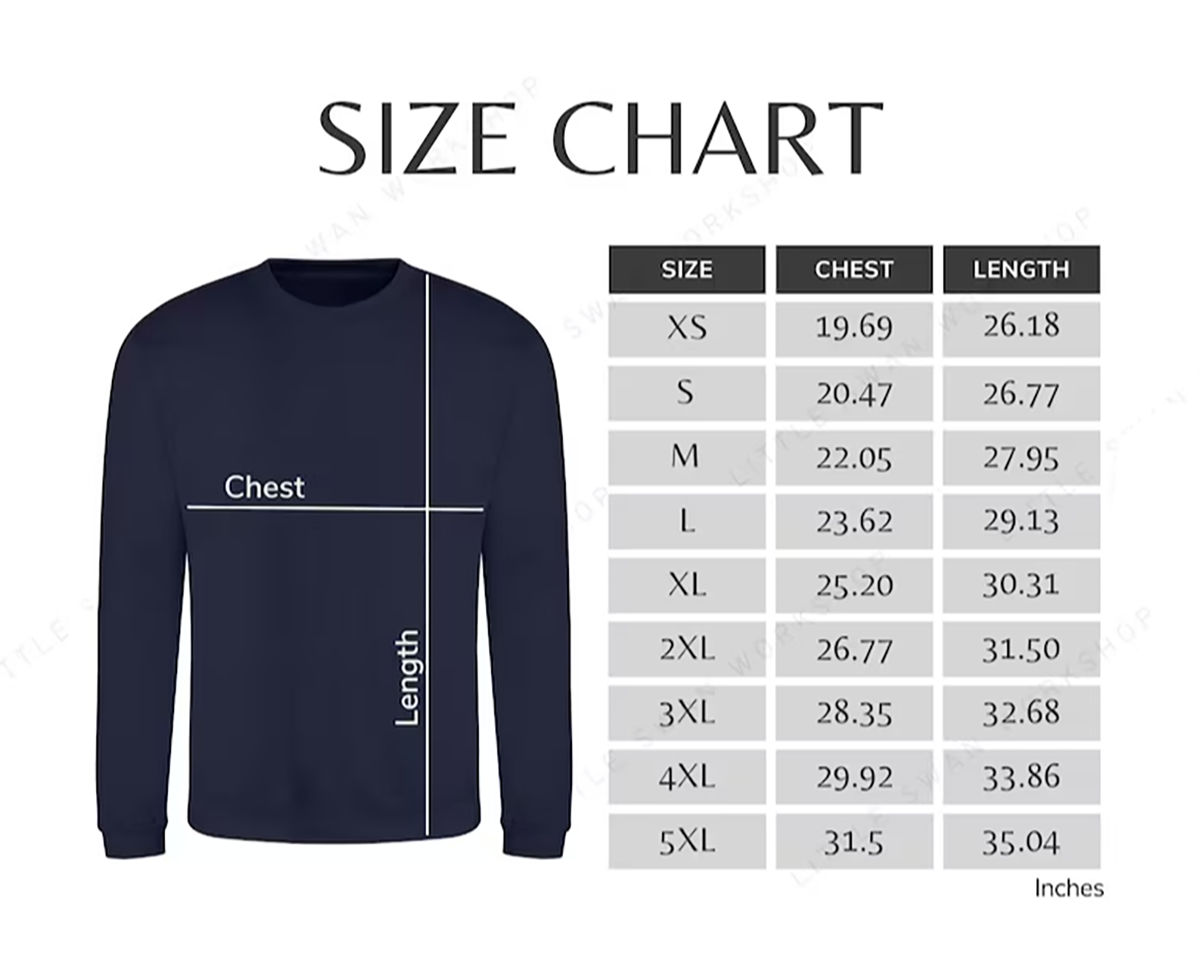 Size chart for a long-sleeve shirt with measurements in inches.