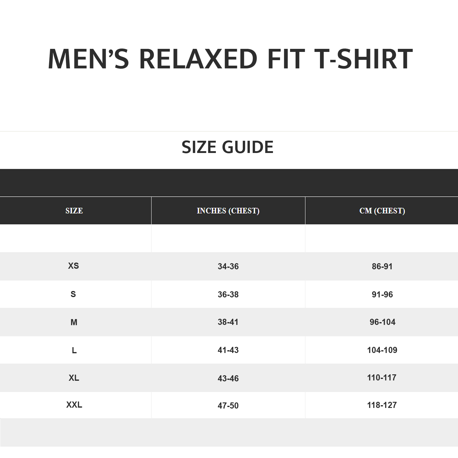 Men's Relaxed Fit T-Shirt size guide with chest measurements in inches and centimeters.