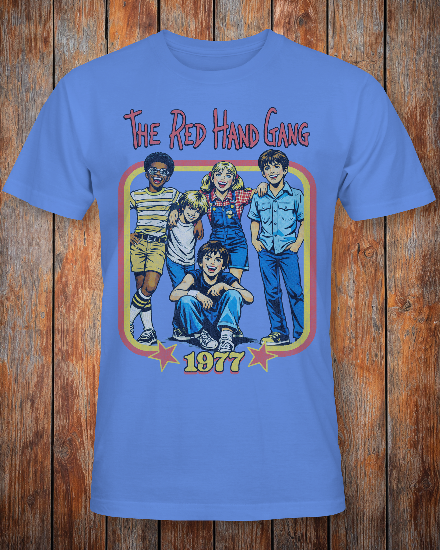 Blue unisex short sleeve t-shirt with 'The Red Hand Gang' graphic on the front with The Red Hand Gang 1977 text