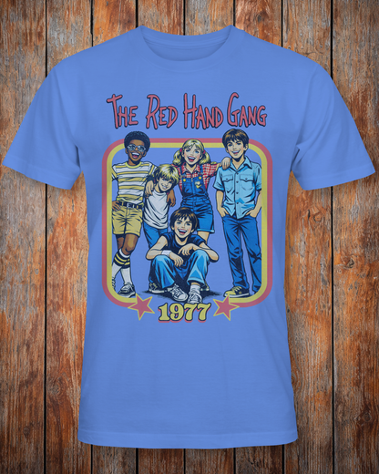 Blue unisex short sleeve t-shirt with 'The Red Hand Gang' graphic on the front with The Red Hand Gang 1977 text