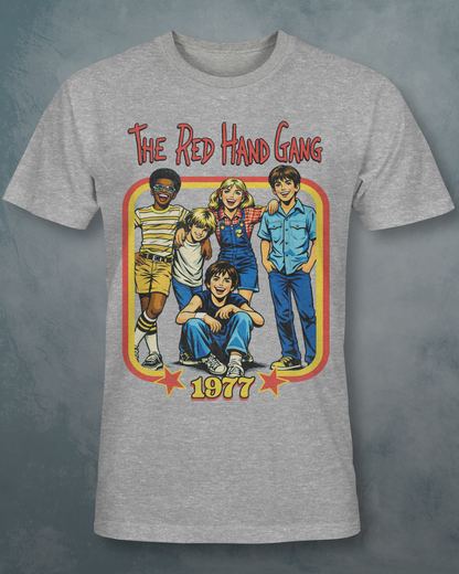 Grey unisex short sleeve t-shirt with 'The Red Hand Gang' graphic on the front with The Red Hand Gang 1977 text