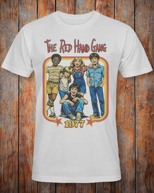 White unisex short sleeve t-shirt with 'The Red Hand Gang' graphic on the front with The Red Hand Gang 1977 text
