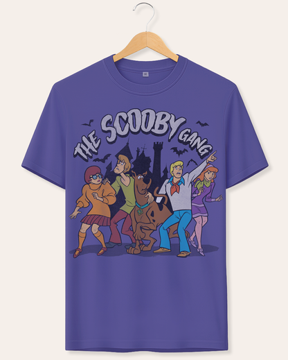 Official Scooby Doo short sleeve dusk blue t-shirt with 'The Scooby Gang' graphic to the front, hanging on hanger against cream background