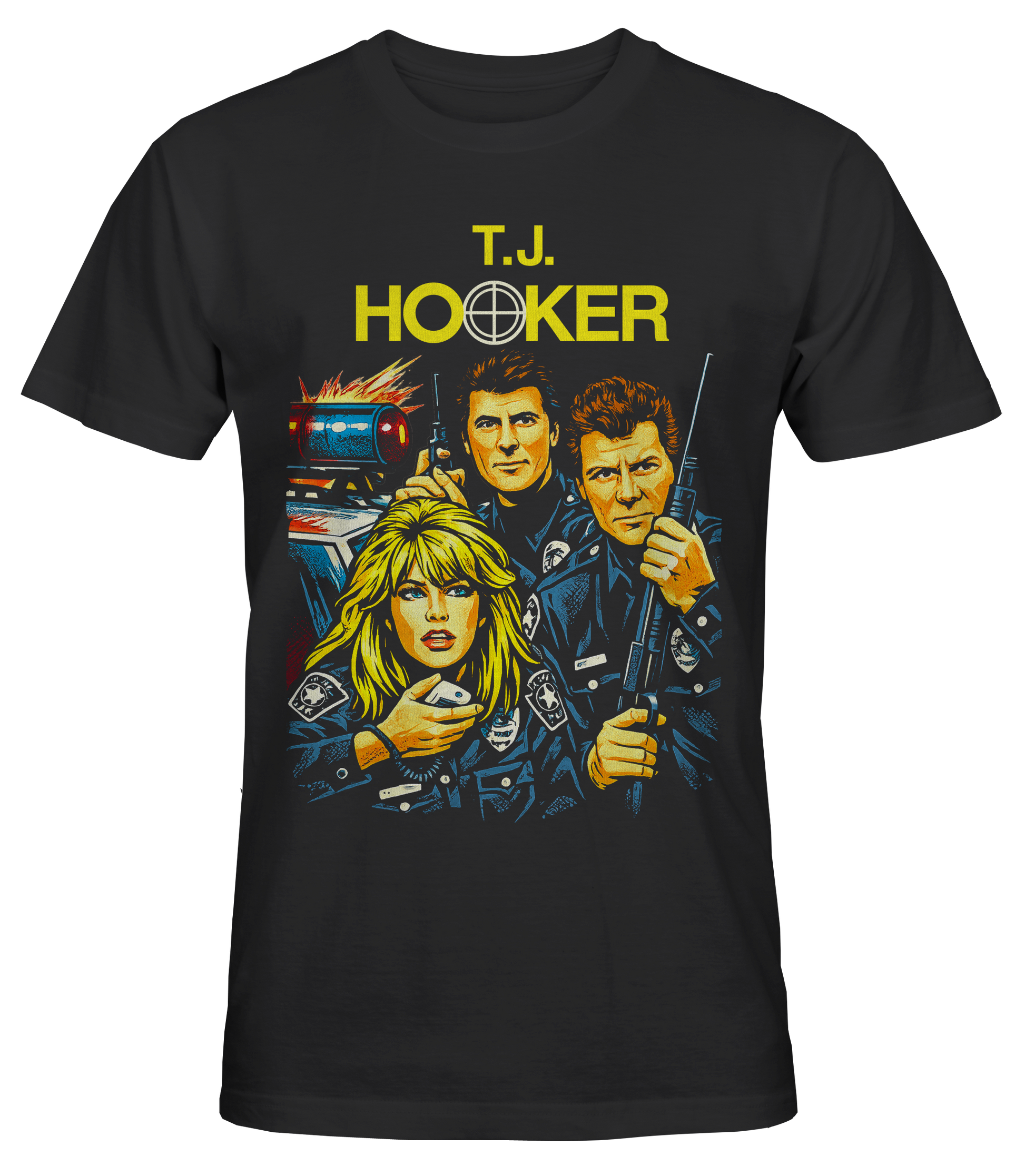 Black short sleeve t-shirt with 'T.J. Hooker' graphic design featuring 80s TV show characters.