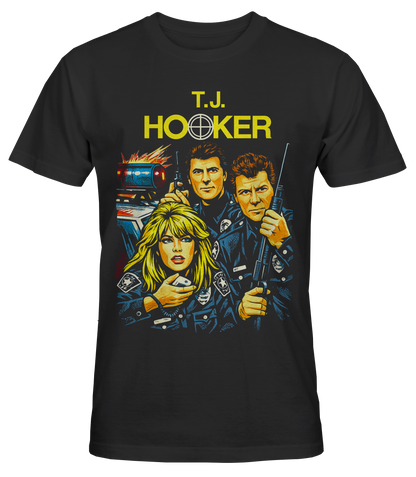 Black short sleeve t-shirt with 'T.J. Hooker' graphic design featuring 80s TV show characters.