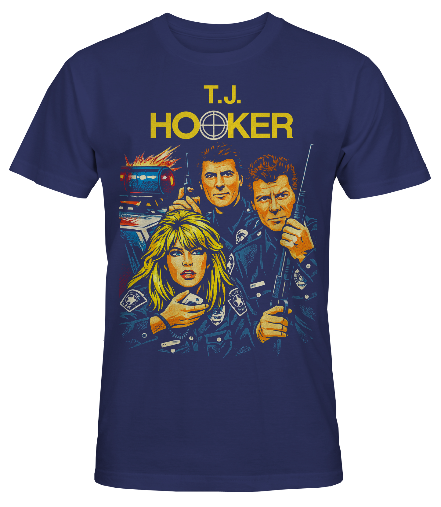 Navy blue short sleeve t-shirt with 'T.J. Hooker' graphic design featuring 80s TV show characters.