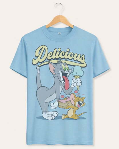 Sky Blue t-shirt with cartoon Tom and Jerry characters and 'Delicious' text on a hanger against a white background