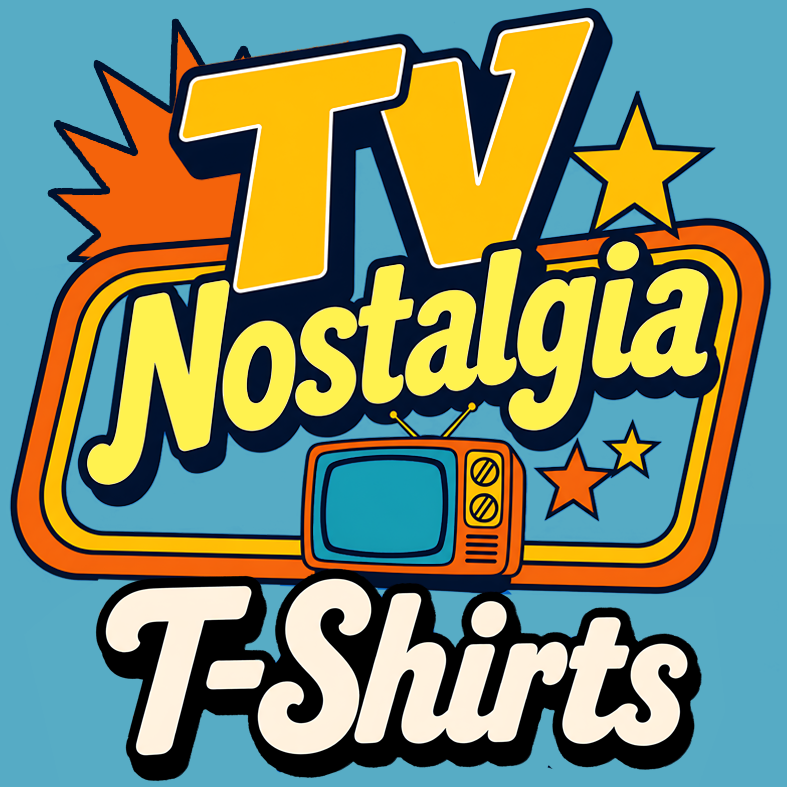A retro-style graphic reading 'TV Nostalgia T-Shirts' in bold yellow, orange, blue, and white lettering on a light blue background, with a vintage television illustration and star shapes.