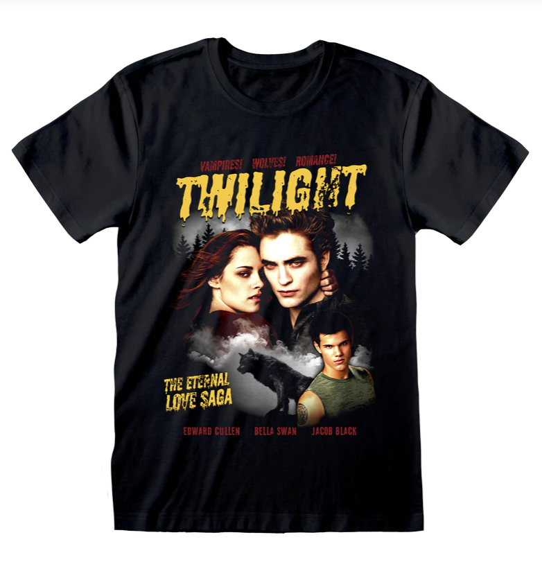 Black t-shirt with 'Twilight' movie poster design featuring three characters and the title.