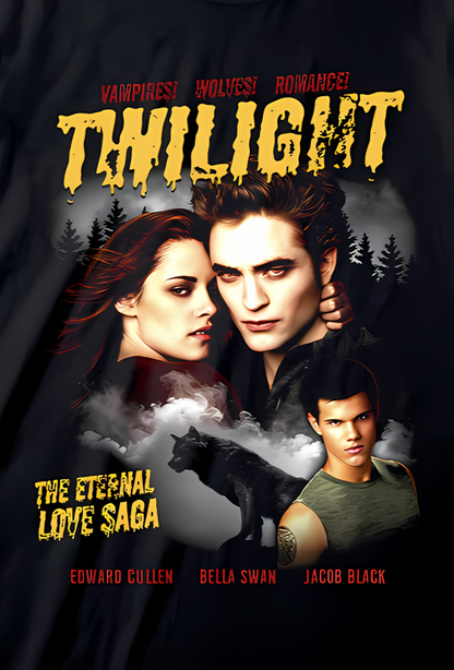 Black t-shirt with 'Twilight' movie poster design featuring characters and title.