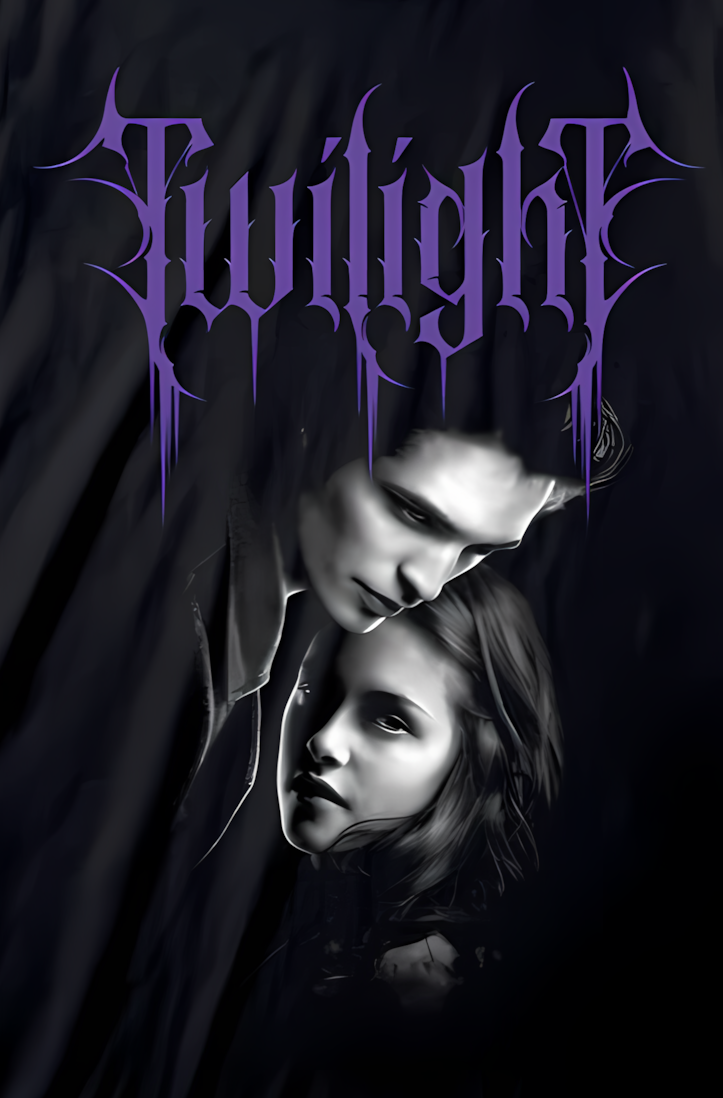 Black t-shirt with 'Twilight' logo and couple's faces, on a white background