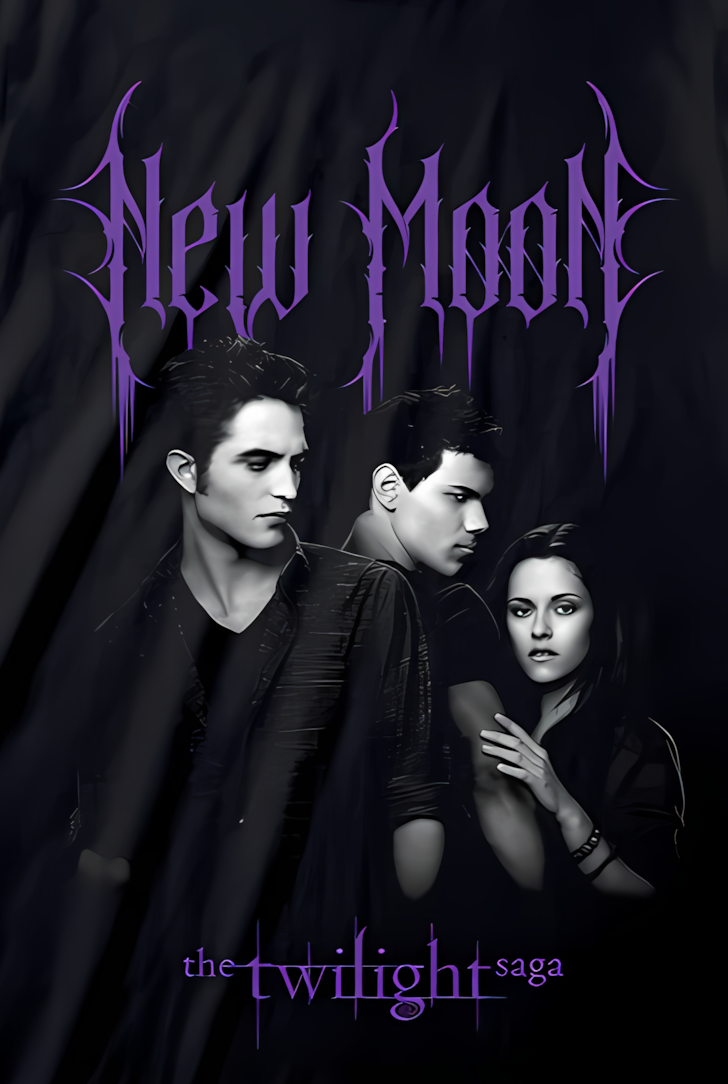Black t-shirt with 'New Moon' Twilight Saga design featuring three characters.