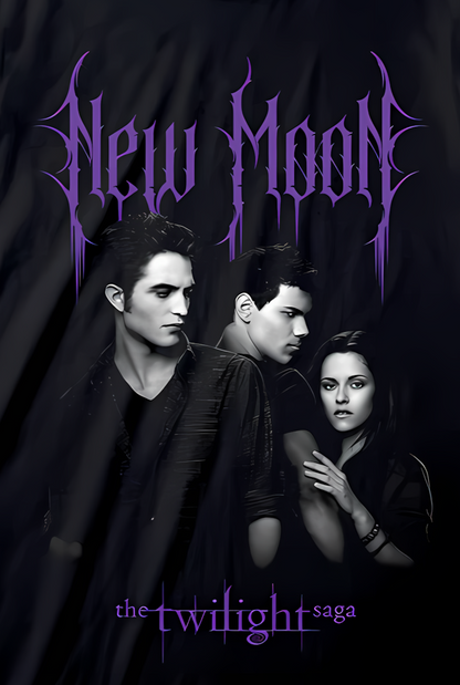 Black t-shirt with 'New Moon' Twilight Saga design featuring three characters.