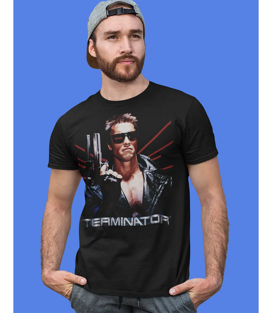Man wearing unisex black short sleeve t shirt with Terminator movie design