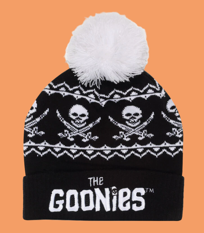Black beanie with white skull and crossbones pattern and 'The Goonies' text 