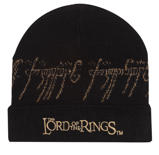 Black beanie with embroidered text and 'The Lord of the Rings' logo on a white background