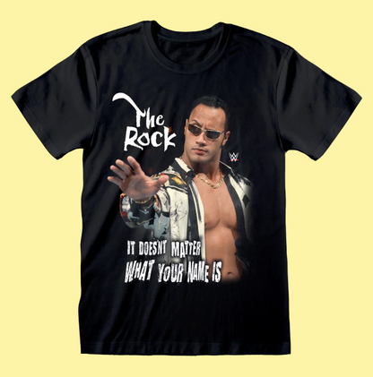 Official WWE The Rock Black t-shirt with a graphic of the awesome wrestler and It Doesn't Matter What Your Name Is text
