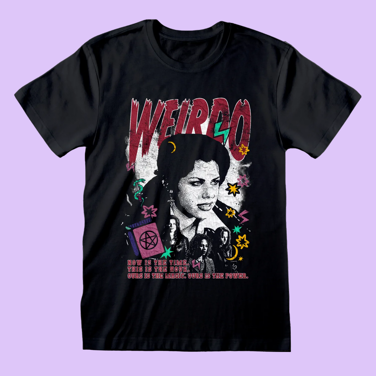 A black short-sleeve graphic t-shirt featuring a stylized portrait of The Craft character and 'WEIRDO' in distressed red letters above, surrounded by colorful occult and retro-style illustrations.
