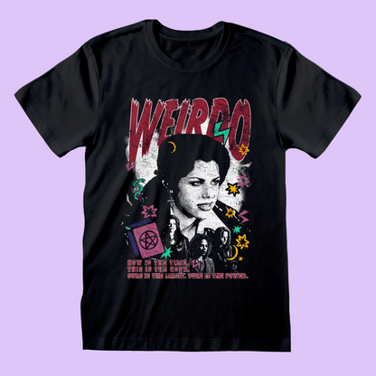 A black short-sleeve graphic t-shirt featuring a stylized portrait of The Craft character and 'WEIRDO' in distressed red letters above, surrounded by colorful occult and retro-style illustrations.
