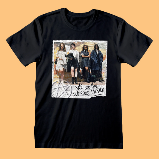 A black short-sleeve crewneck t-shirt featuring a square graphic print of the the Craft with text "We Are The Weirdos Mister".