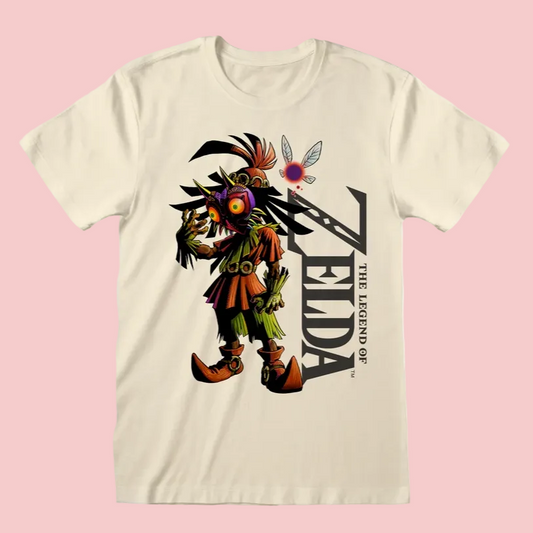 A cream-colored short-sleeve t-shirt featuring a graphic of the character from The Legend of Zelda next to the vertical black text 'THE LEGEND OF ZELDA'.