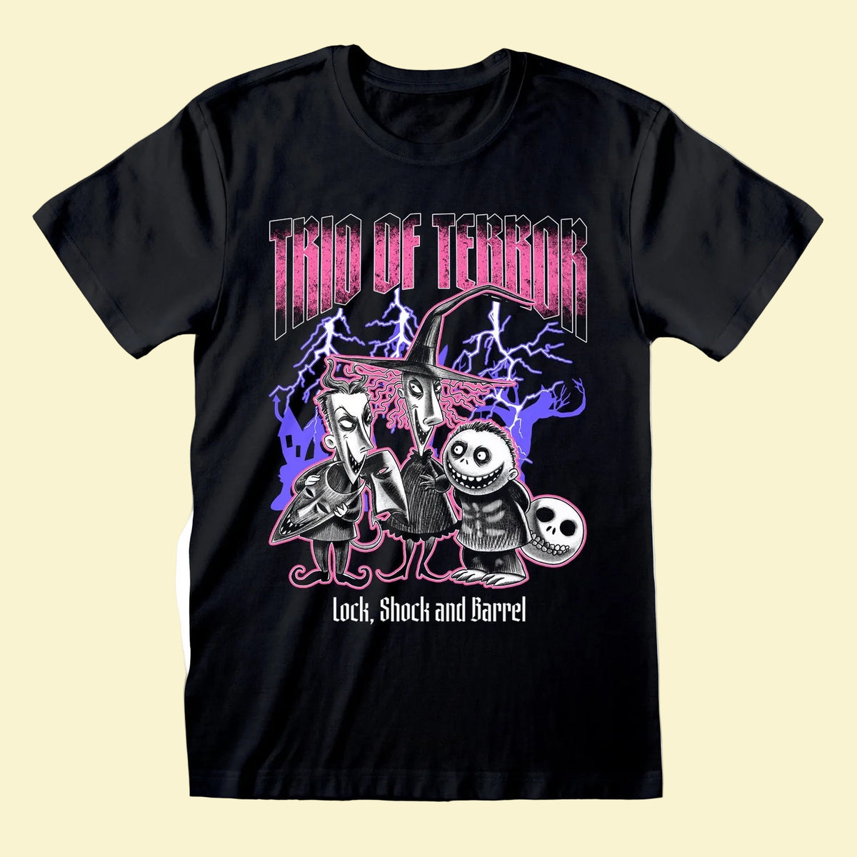 A black short-sleeve graphic t-shirt featuring the  'Trio of Terror' and the 'Lock, Shock and Barrel' character artwork. The graphic displays three cartoonish horror characters with lightning effects in purple and pink