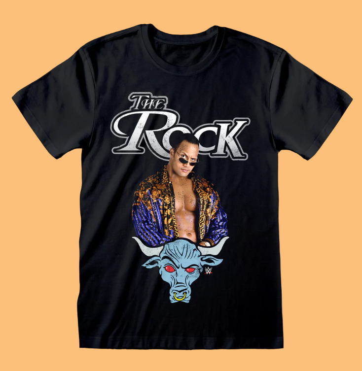 Official WWE The Rock Black t-shirt with 'The Rock' graphic design 