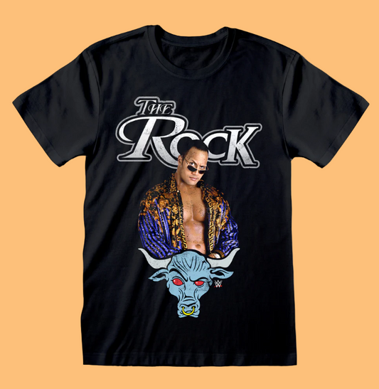 Official WWE The Rock Black t-shirt with 'The Rock' graphic design 