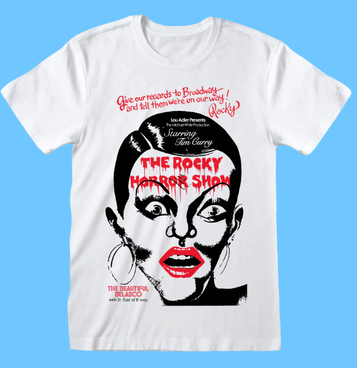 Official Rocky Horror Picture Show white t-shirt featuring Broadway design of Rocky and text Give our regards to Broadway and tell them we're on our way!