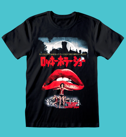 Official Rocky Horror Picture show Japanese poster on Black t-shirt with graphic design featuring red lips and movie scene 