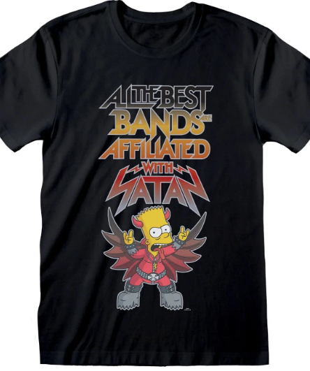 Black t-shirt with The Simpsons Bart graphic design featuring a character and All The Best Bands Are Affiliated With Satan text