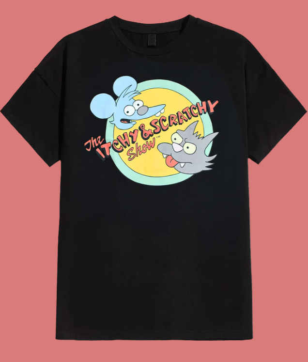 Black t-shirt with The Simpsons Itchy & Scratchy Show graphic design on a white background