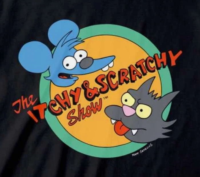 Logo of 'The Itchy & Scratchy Show' with cartoon characters on a black background