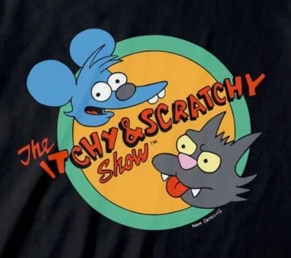 Logo of 'The Itchy & Scratchy Show' with cartoon characters on a black background