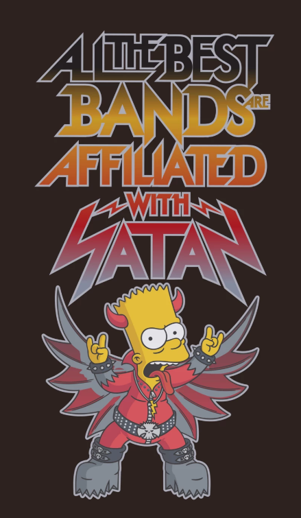 Black t-shirt with The Simpsons Bart graphic design featuring a character and All The Best Bands Are Affiliated With Satan text