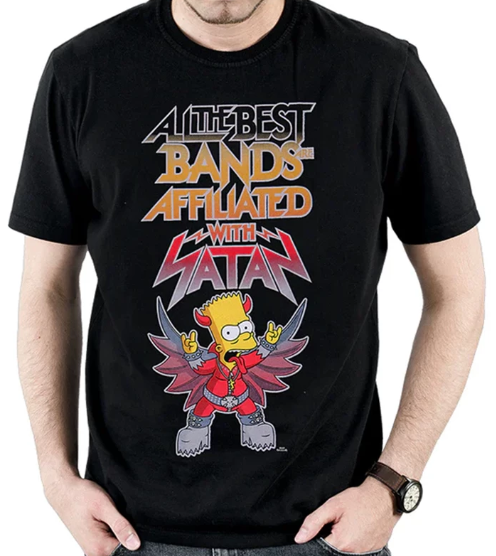 person wearing Black t-shirt with The Simpsons Bart graphic design featuring a character and All The Best Bands Are Affiliated With Satan text