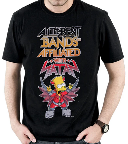 person wearing Black t-shirt with The Simpsons Bart graphic design featuring a character and All The Best Bands Are Affiliated With Satan text