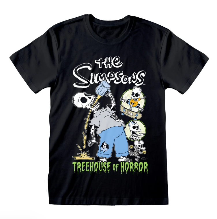 Black t-shirt with 'The Simpsons' Treehouse of Horror design on a white background